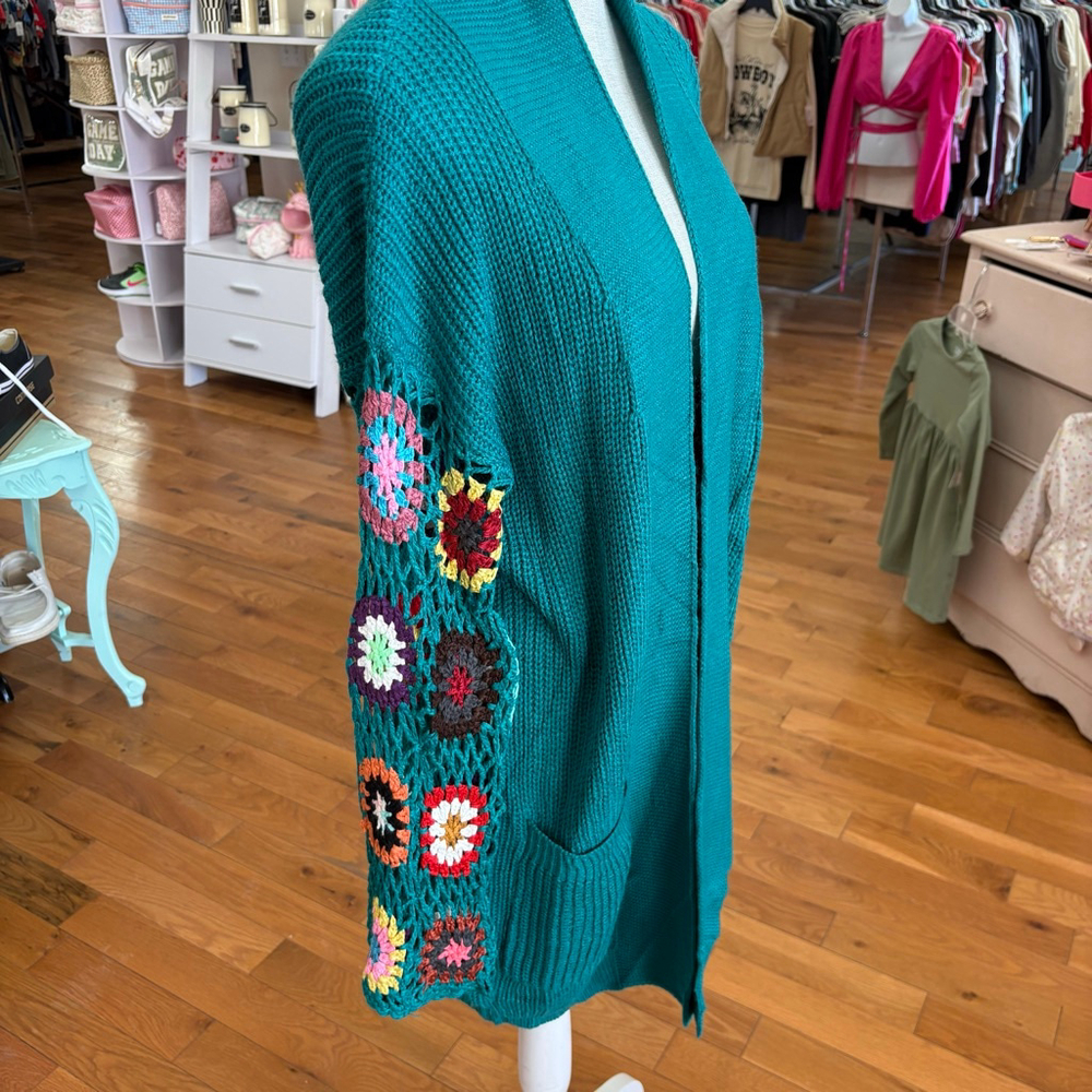 BLAKELEY Teal Crochet Sleeve Cardigan OS - Picture 2 of 7